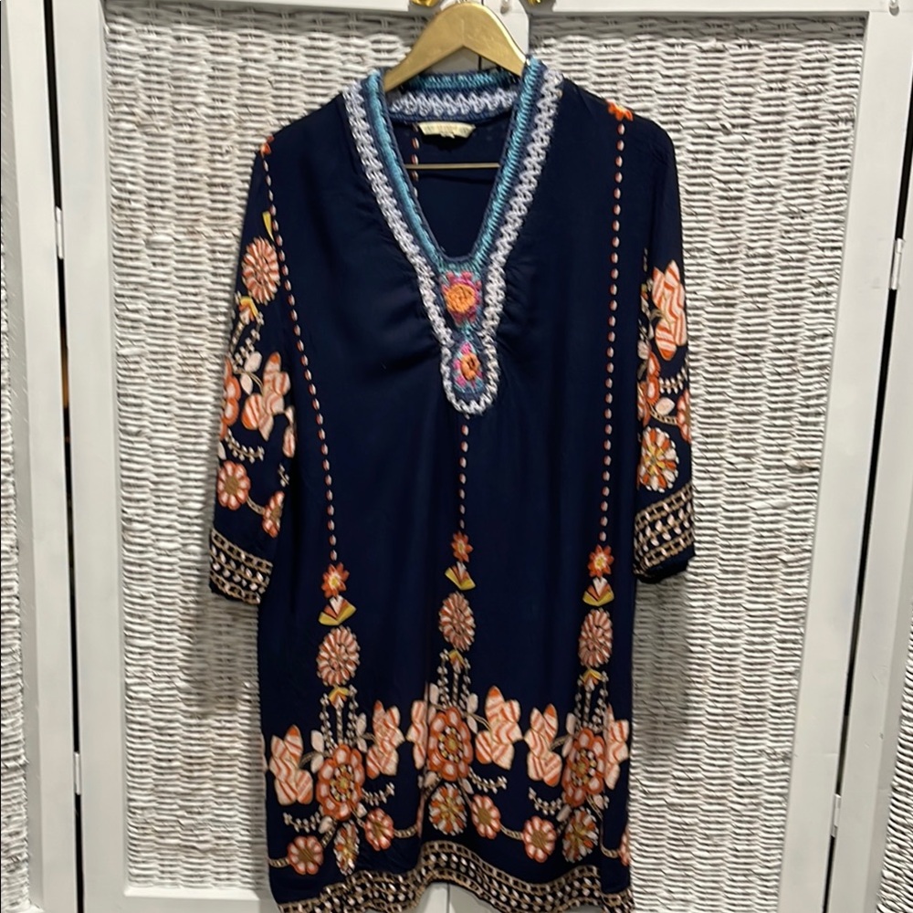💯 rayón Blue Resort Dress with Scoop Neck and 3/4 Sleeves